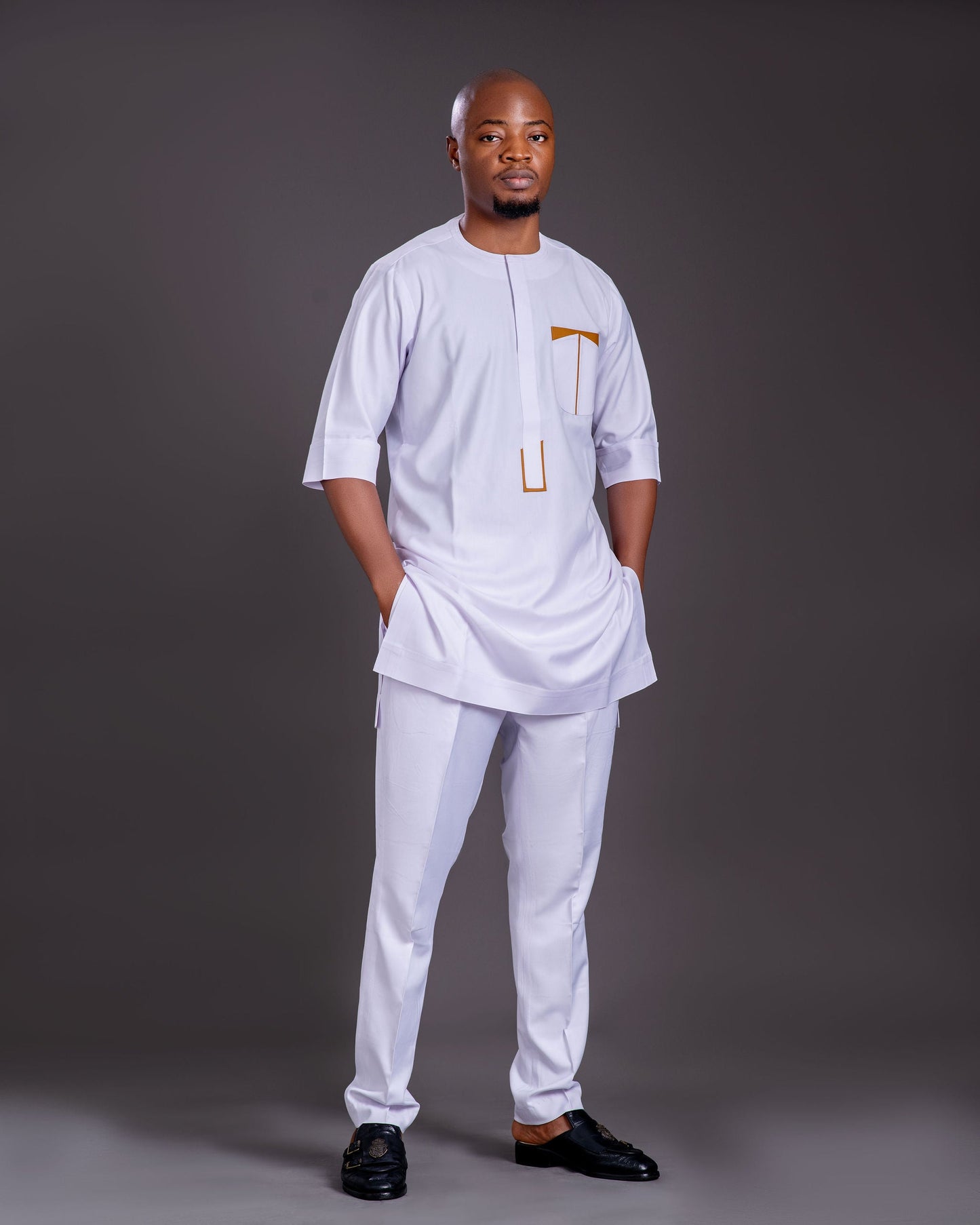 Hakim Men's Dashiki Co-Ord Set (White with Gold accents)