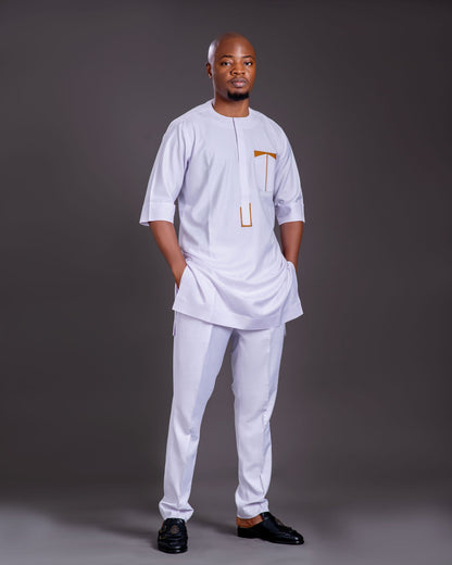 Hakim Men's Dashiki Co-Ord Set (White with Gold accents)