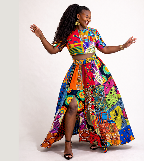 “Modern heritage African print patchwork two-piece set featuring structured crop top and high-waisted maxi skirt with zipper closure and elastic back, handmade in Canada