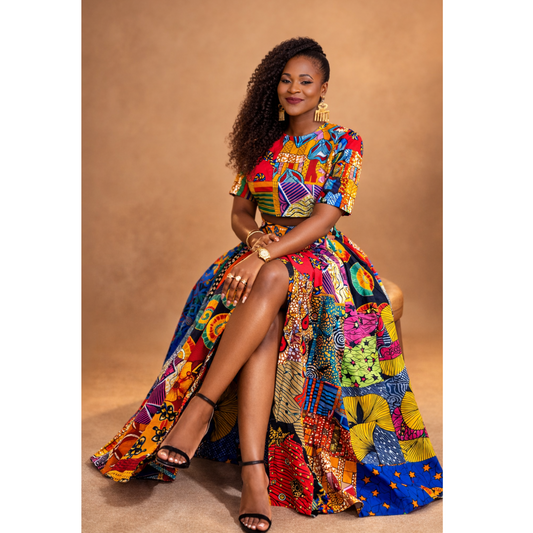 Two-piece set: Crop top + Maxi skirt  side pockets  High-waisted skirt with knee-length front slit  Unique patchwork African print (placement varies per set)  Comfortable, breathable cotton fabric  Flattering relaxed fit  Elastic back  Handmade in Canada